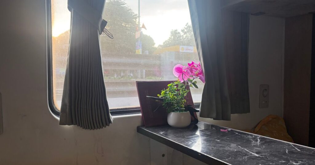 table by the window inside the cabin